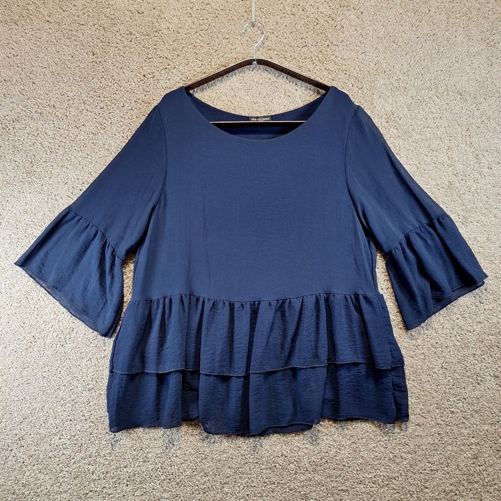 cha cha vente Blouse Women‎ XL Blue Peplum Bell Sleeve Ruffle Casual Boho